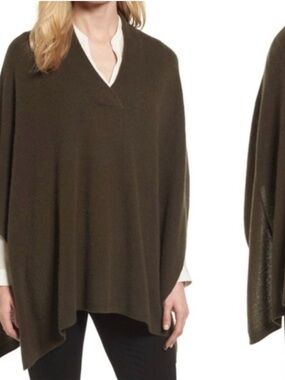 Halogen 100% Cashmere Dark Olive V-Neck Poncho Ruana Sweater One Size Lagenlook
